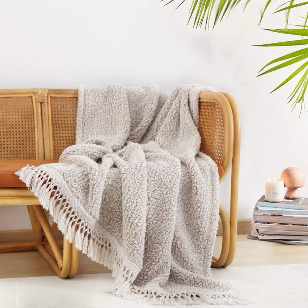 horimote home Ultra Soft Fleece Sherpa Blanket Tassel,  Ombre Light Brown,king - Picture 4 of 14
